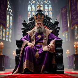 A majestic and regal king seated on an ornate throne, draped in a richly embroidered robe of deep royal purple and gold accents