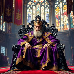 A majestic and regal king seated on an ornate throne, draped in a richly embroidered robe of deep royal purple and gold accents