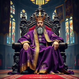 A majestic and regal king seated on an ornate throne, draped in a richly embroidered robe of deep royal purple and gold accents