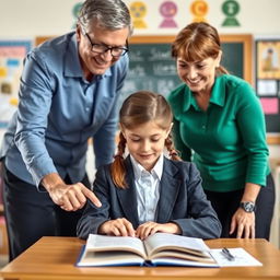 A school girl in a crisp, neatly pressed uniform sitting at a school desk in the center, with three enthusiastic teachers surrounding her