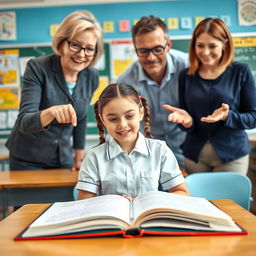 A school girl in a crisp, neatly pressed uniform sitting at a school desk in the center, with three enthusiastic teachers surrounding her