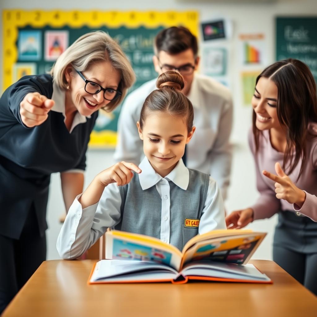 A school girl in a crisp, neatly pressed uniform sitting at a school desk in the center, with three enthusiastic teachers surrounding her