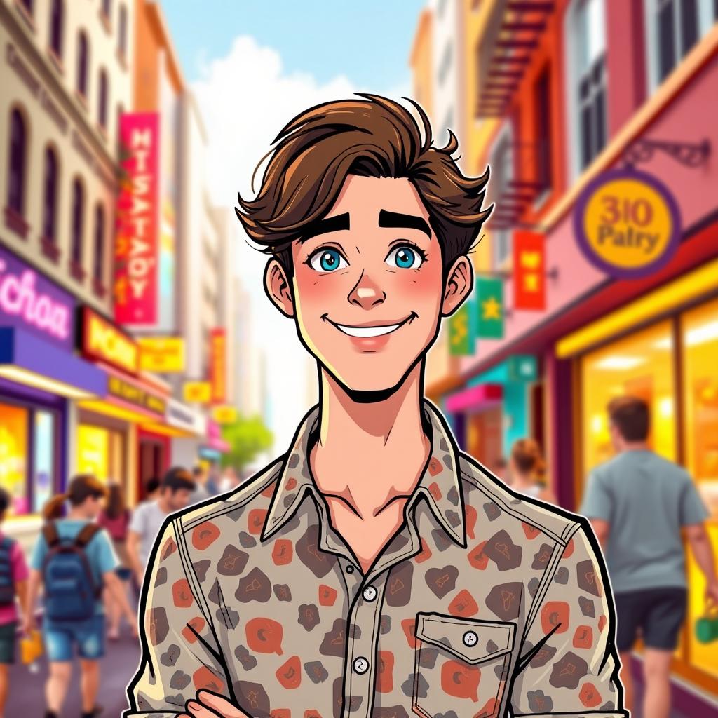 An illustrated portrait of a man named Ricky, with shoulder-length curly brown hair and bright blue eyes, wearing a stylish, patterned button-up shirt