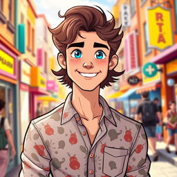 An illustrated portrait of a man named Ricky, with shoulder-length curly brown hair and bright blue eyes, wearing a stylish, patterned button-up shirt