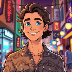 An illustrated portrait of a man named Ricky, with shoulder-length curly brown hair and bright blue eyes, wearing a stylish, patterned button-up shirt