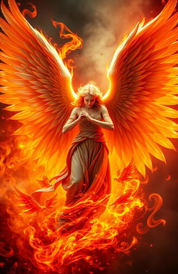 A celestial angel with magnificent, expansive wings, embodying the theme of rebirth similar to a phoenix