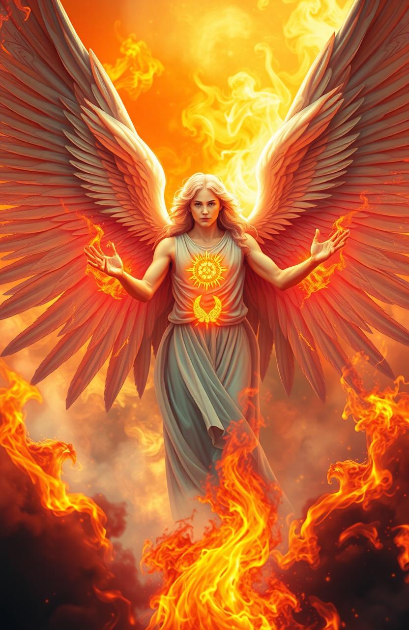 A celestial angel with magnificent, expansive wings, embodying the theme of rebirth similar to a phoenix