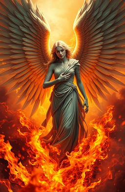 A celestial angel with magnificent, expansive wings, embodying the theme of rebirth similar to a phoenix