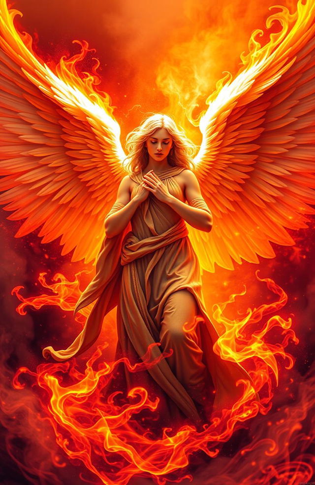 A celestial angel with magnificent, expansive wings, embodying the theme of rebirth similar to a phoenix