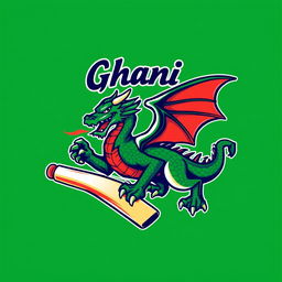 A dynamic and bold design for a cricket team T-shirt featuring a stylized dragon named 'Ghani'