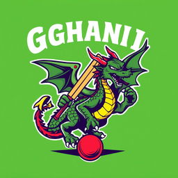 A dynamic and bold design for a cricket team T-shirt featuring a stylized dragon named 'Ghani'