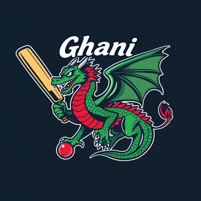 A dynamic and bold design for a cricket team T-shirt featuring a stylized dragon named 'Ghani'