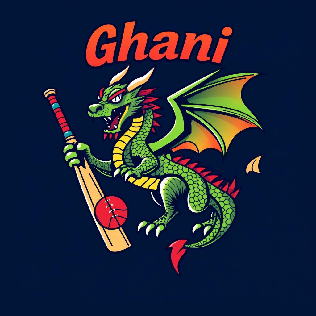 A dynamic and bold design for a cricket team T-shirt featuring a stylized dragon named 'Ghani'