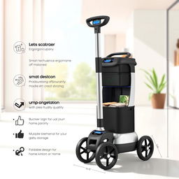 A detailed illustration of a modern smart trolley, featuring a sleek, ergonomic design made of high-quality materials