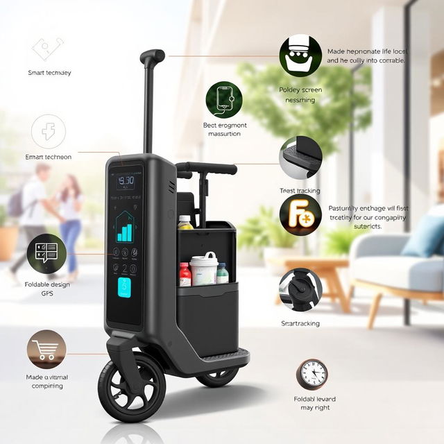 A detailed illustration of a modern smart trolley, featuring a sleek, ergonomic design made of high-quality materials