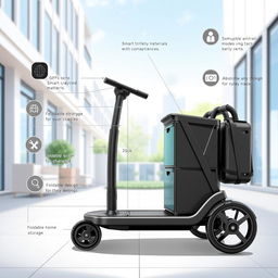 A detailed illustration of a modern smart trolley, featuring a sleek, ergonomic design made of high-quality materials