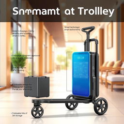 A detailed illustration of a modern smart trolley, featuring a sleek, ergonomic design made of high-quality materials