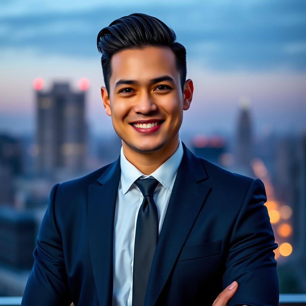 A striking portrait of a confident man named Ricky, in his mid-30s, with slicked-back dark hair and a charming smile