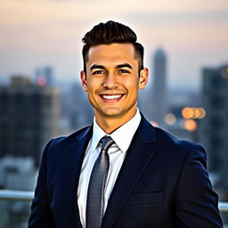 A striking portrait of a confident man named Ricky, in his mid-30s, with slicked-back dark hair and a charming smile