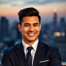 A striking portrait of a confident man named Ricky, in his mid-30s, with slicked-back dark hair and a charming smile