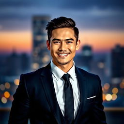 A striking portrait of a confident man named Ricky, in his mid-30s, with slicked-back dark hair and a charming smile