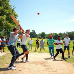 A dynamic and energetic scene of an outdoor street cricket match, featuring players, mostly young adults, energetically playing with a t-shirt tape ball