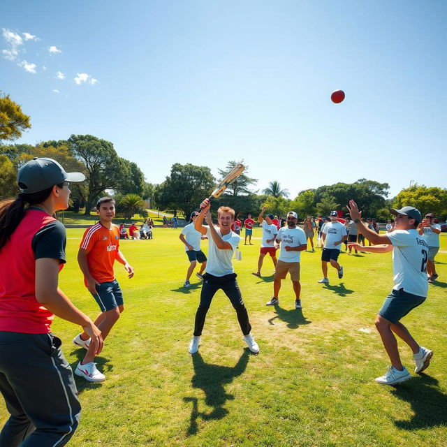 A dynamic and energetic scene of an outdoor street cricket match, featuring players, mostly young adults, energetically playing with a t-shirt tape ball