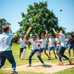 A dynamic and energetic scene of an outdoor street cricket match, featuring players, mostly young adults, energetically playing with a t-shirt tape ball