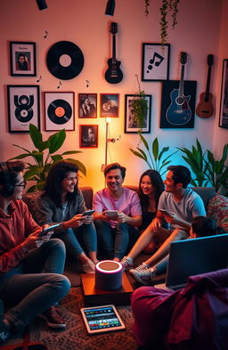 A vibrant and cozy room that blends personal connection, music, and technology seamlessly