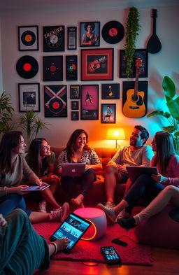 A vibrant and cozy room that blends personal connection, music, and technology seamlessly