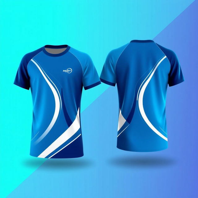 A vibrant and modern blue sports t-shirt featuring a unique design with flowing white curves and a logo on the front