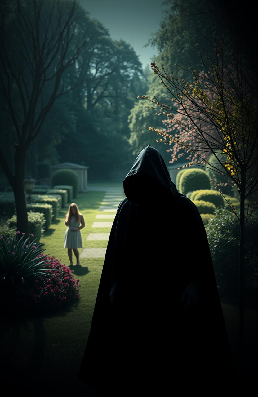 A dramatic scene symbolizing betrayal, featuring a shadowy figure in the foreground with a sinister smile, dressed in a dark cloak