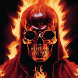 A digital art image of highest quality displaying a skull engulfed in flames with a menacing demon lurking in the background