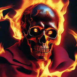 A digital art image of highest quality displaying a skull engulfed in flames with a menacing demon lurking in the background