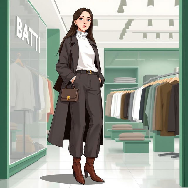 A large and beautiful cartoon model wearing loose-fitting basic pants, a long coat, and a high-neck blouse