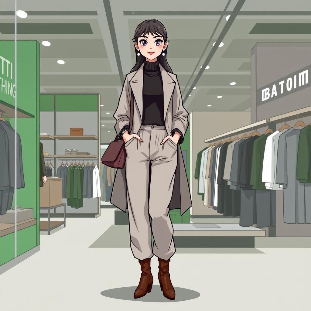 A large and beautiful cartoon model wearing loose-fitting basic pants, a long coat, and a high-neck blouse