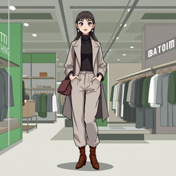 A large and beautiful cartoon model wearing loose-fitting basic pants, a long coat, and a high-neck blouse