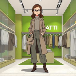 A large and beautiful cartoon model wearing loose-fitting basic pants, a long coat, and a high-neck blouse