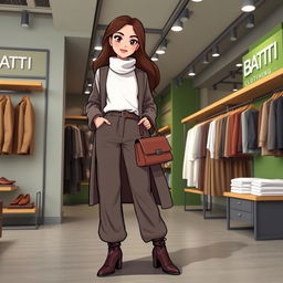 A large and beautiful cartoon model wearing loose-fitting basic pants, a long coat, and a high-neck blouse