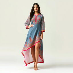 A designer indo-western dress for women featuring intricate embroidery and vibrant colors