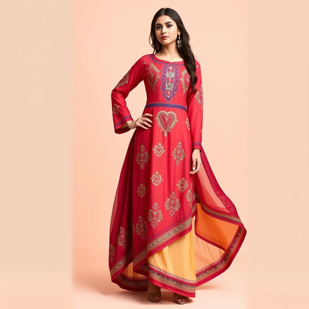 A designer indo-western dress for women featuring intricate embroidery and vibrant colors