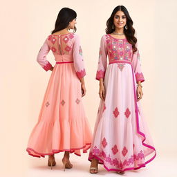 A designer indo-western dress for women featuring intricate embroidery and vibrant colors