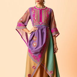 A designer indo-western dress for women featuring intricate embroidery and vibrant colors