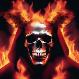 A digital art image of highest quality displaying a skull engulfed in flames with a menacing demon lurking in the background