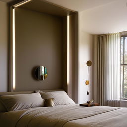 A cozy bedroom design featuring a towering headboard reaching the ceiling, a side bedside shelf with an elegant mirror backdrop, and a soft light hanging strategically for illumination.