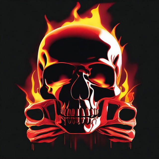 A high-quality digital art image depicting a burning skull next to a symbol of death, a crossbones