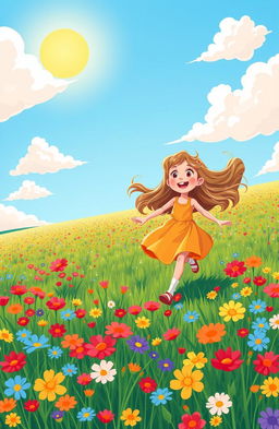 A cartoon style illustration of a joyful girl running through a vast field filled with colorful wildflowers