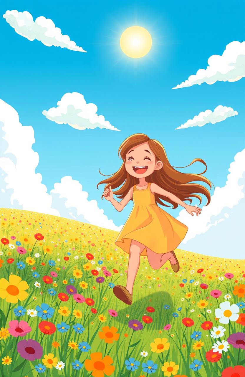 A cartoon style illustration of a joyful girl running through a vast field filled with colorful wildflowers