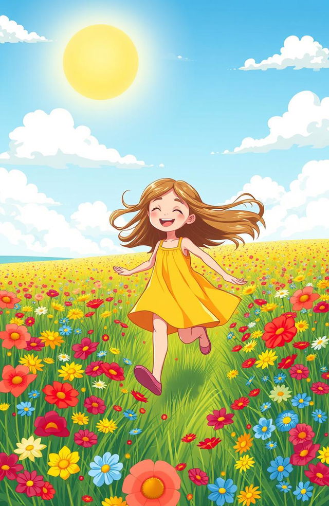 A cartoon style illustration of a joyful girl running through a vast field filled with colorful wildflowers