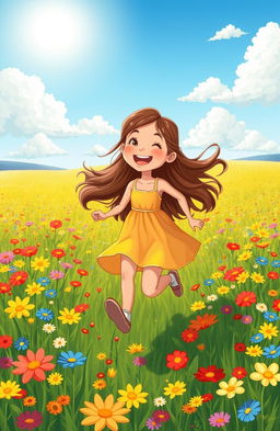 A cartoon style illustration of a joyful girl running through a vast field filled with colorful wildflowers